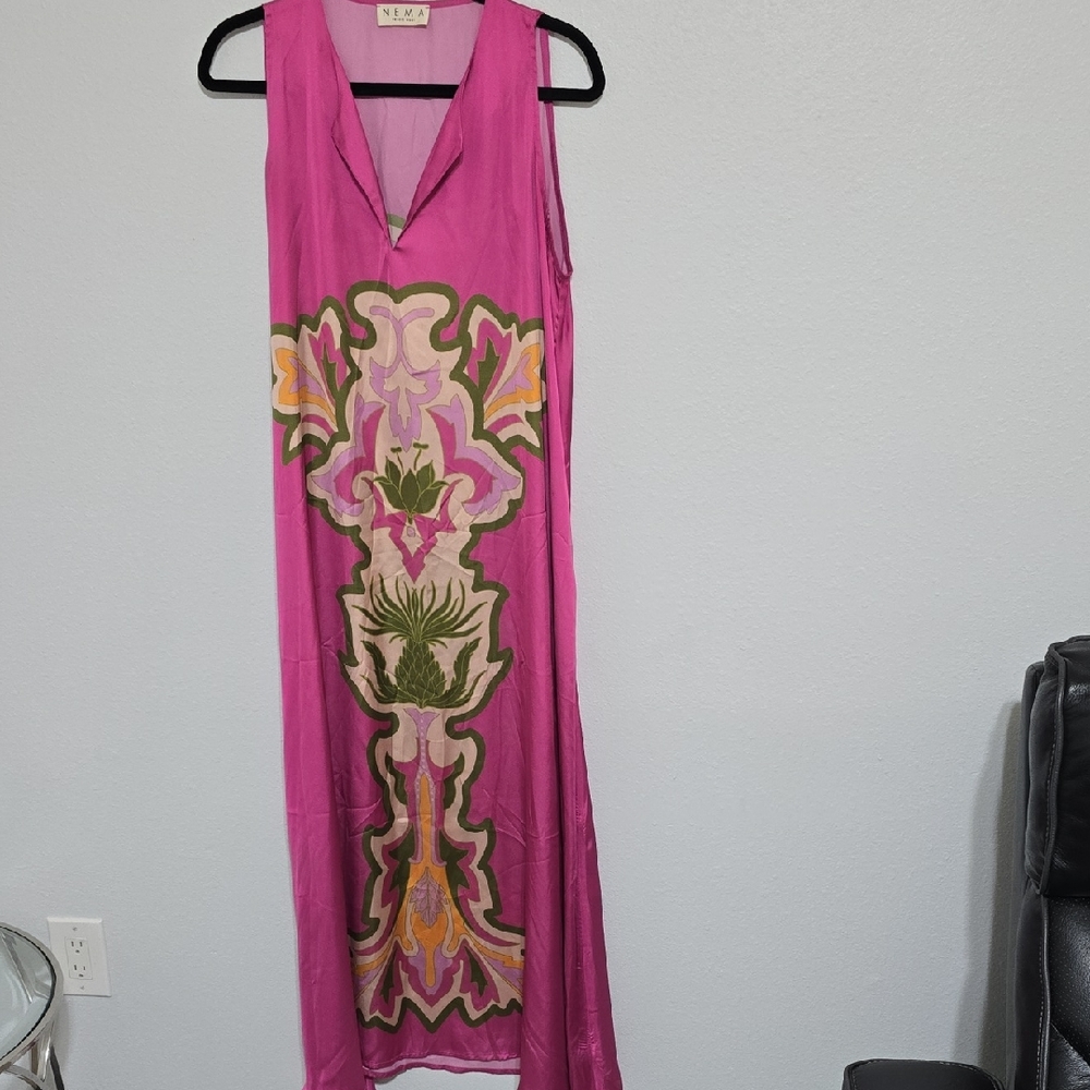 Vibrant Pink Maxi Dress with Artistic Pattern